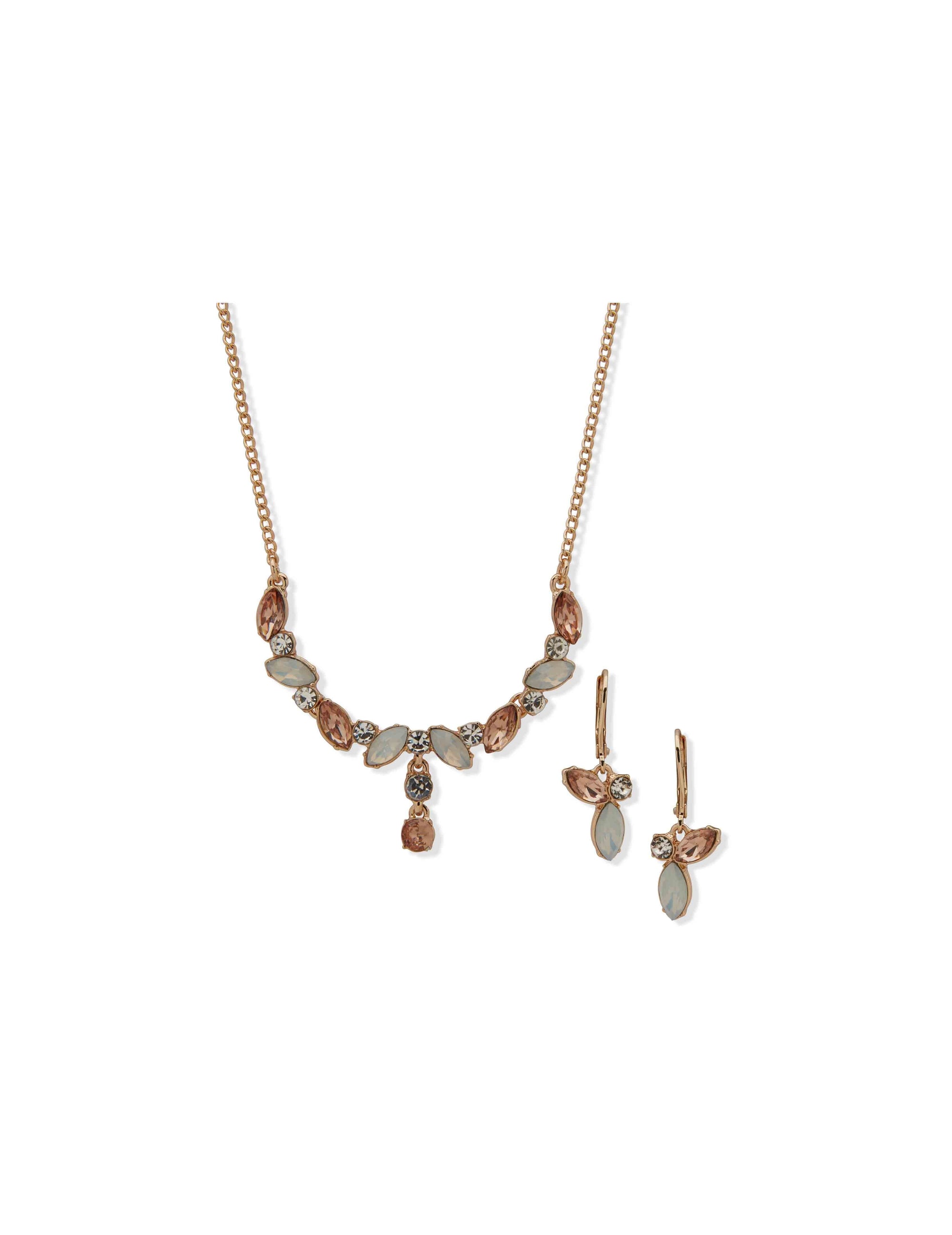 Anne Klein Gold Tone Navette Stone Necklace & Earring Set-Gld/Vint Rs/Wht Opal