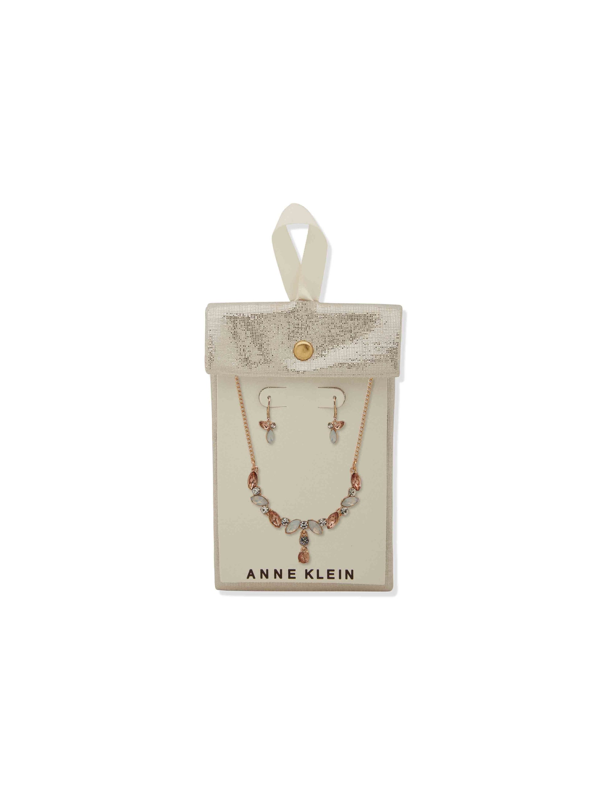 Anne Klein Navette Stone Necklace & Earring Set-Gld/Vint Rs/Wht Opal