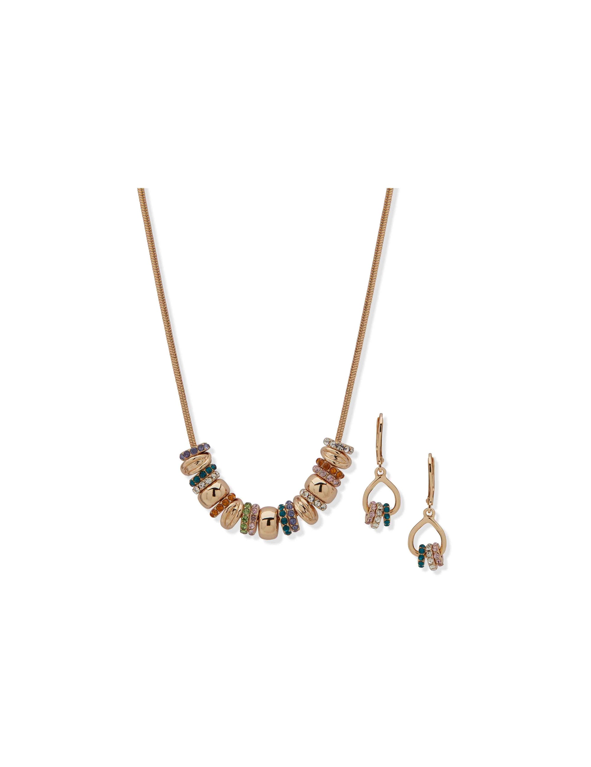 Anne Klein Gold Tone Rondell Slider Necklace & Earring Setl-Gld/Multi/Cry