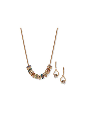 Anne Klein Gold Tone Rondell Slider Necklace & Earring Setl-Gld/Multi/Cry