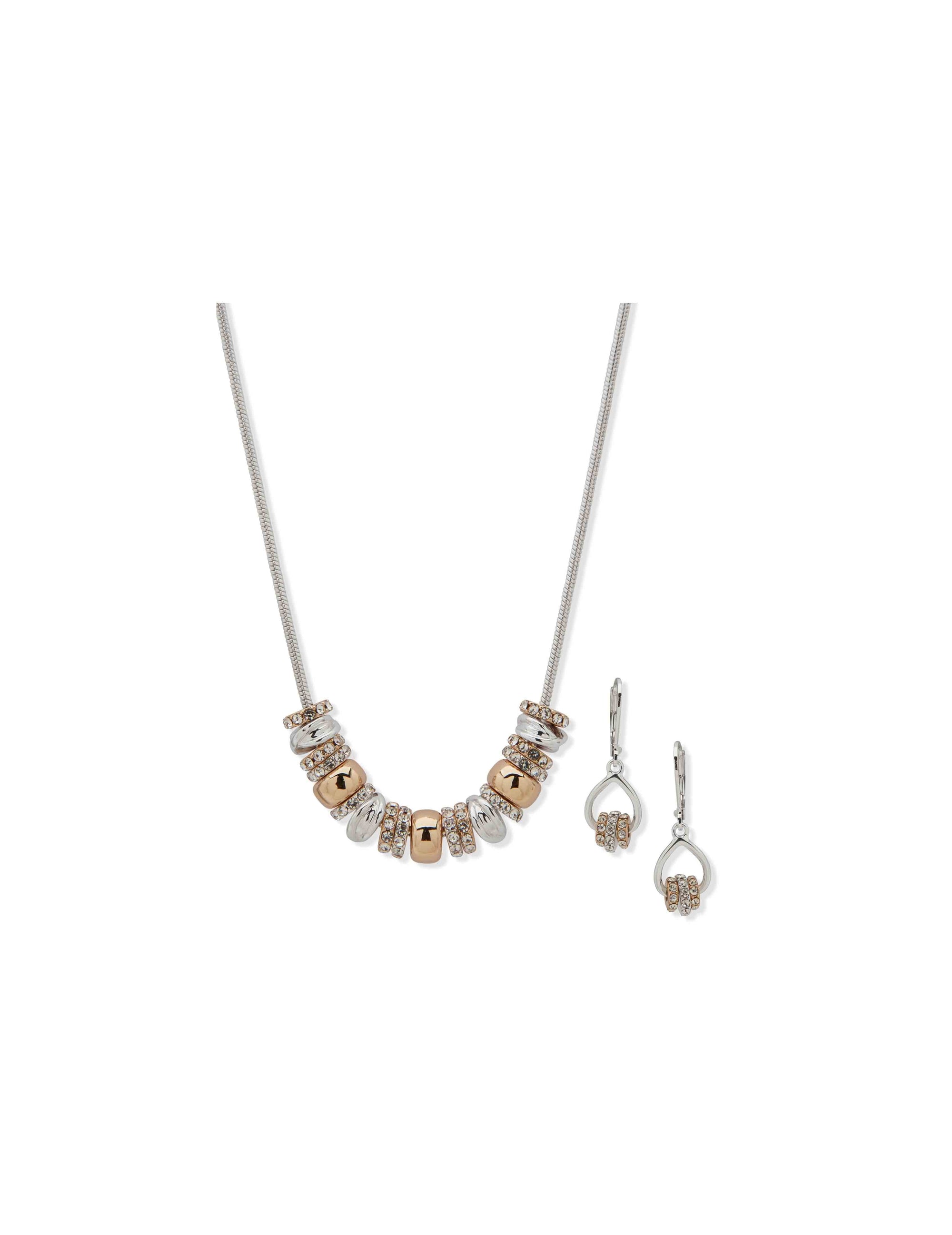 Anne Klein Two Tone Rondell Necklace & Earring Set-Ttn/Cry