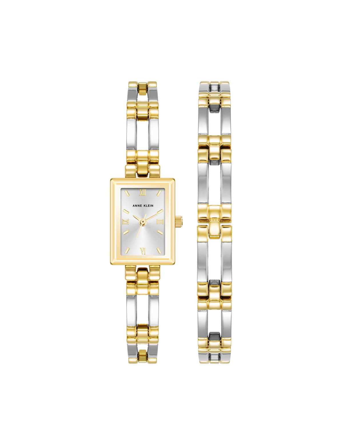 Anne Klein Silver-Tone/Gold-Tone Iconic Rectangular Case Bangle Watch Set