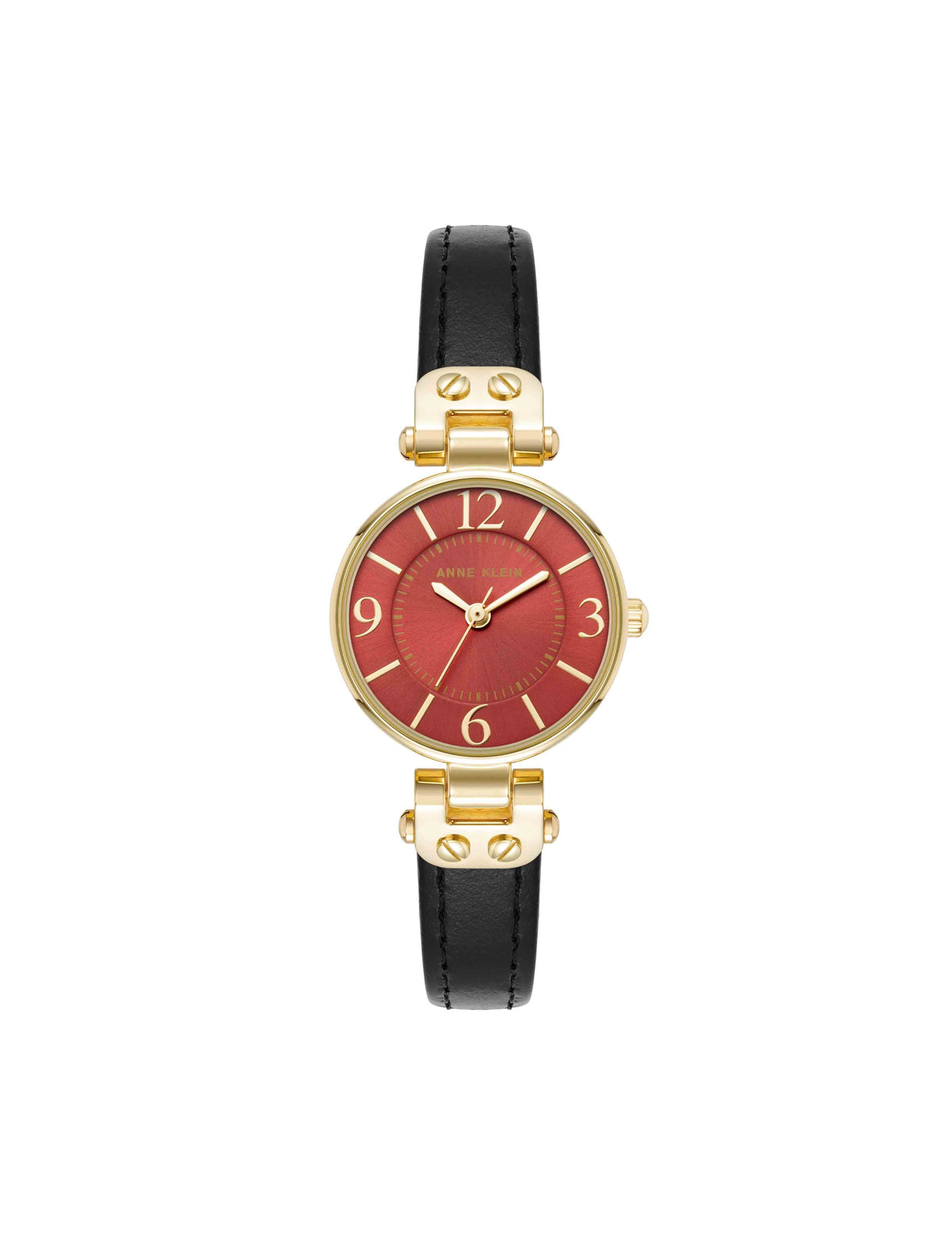 Anne Klein Black/Burgundy/Gold-Tone Essential Leather Strap Watch