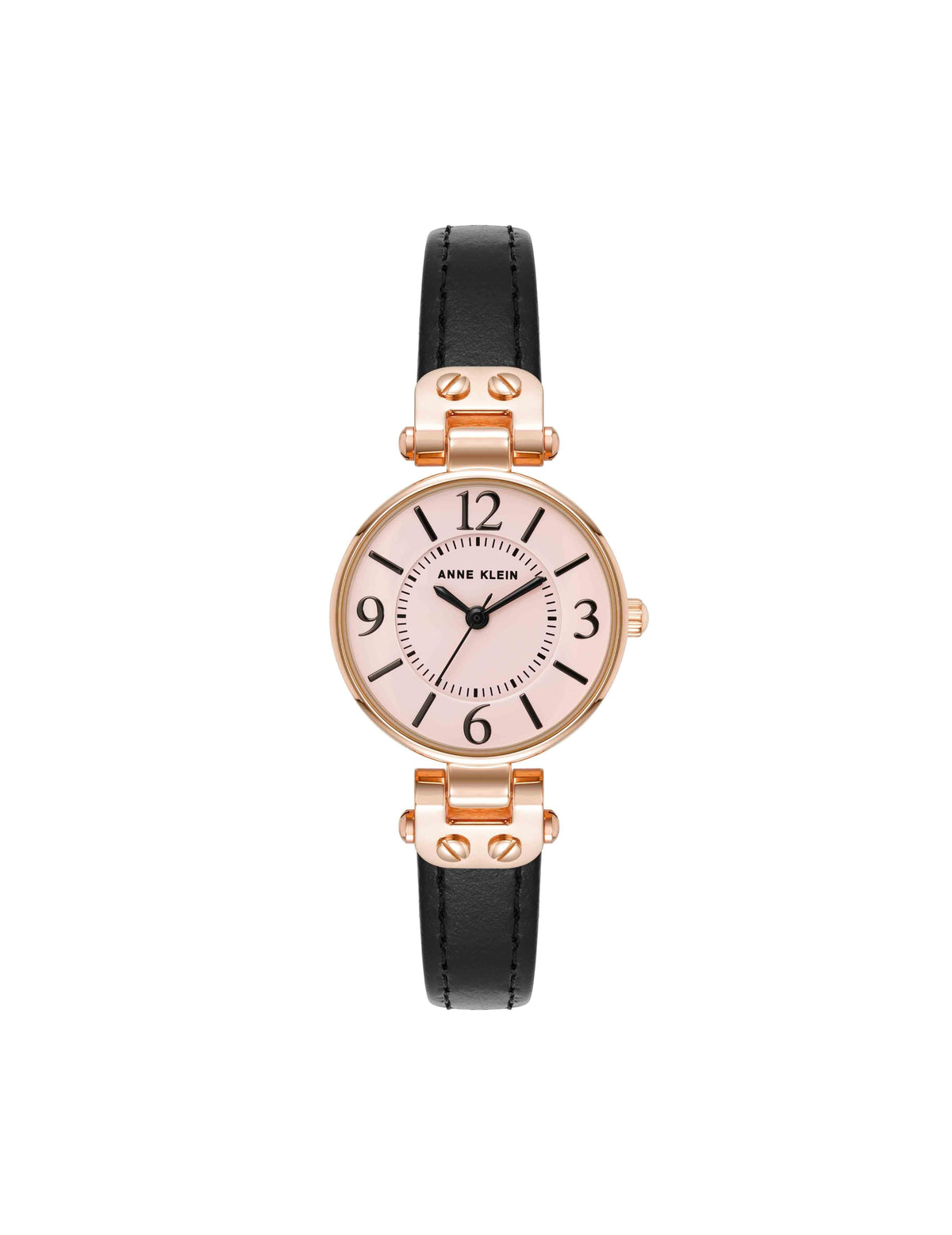 Anne Klein Black/Pink/Rose Gold-Tone Essential Leather Strap Watch