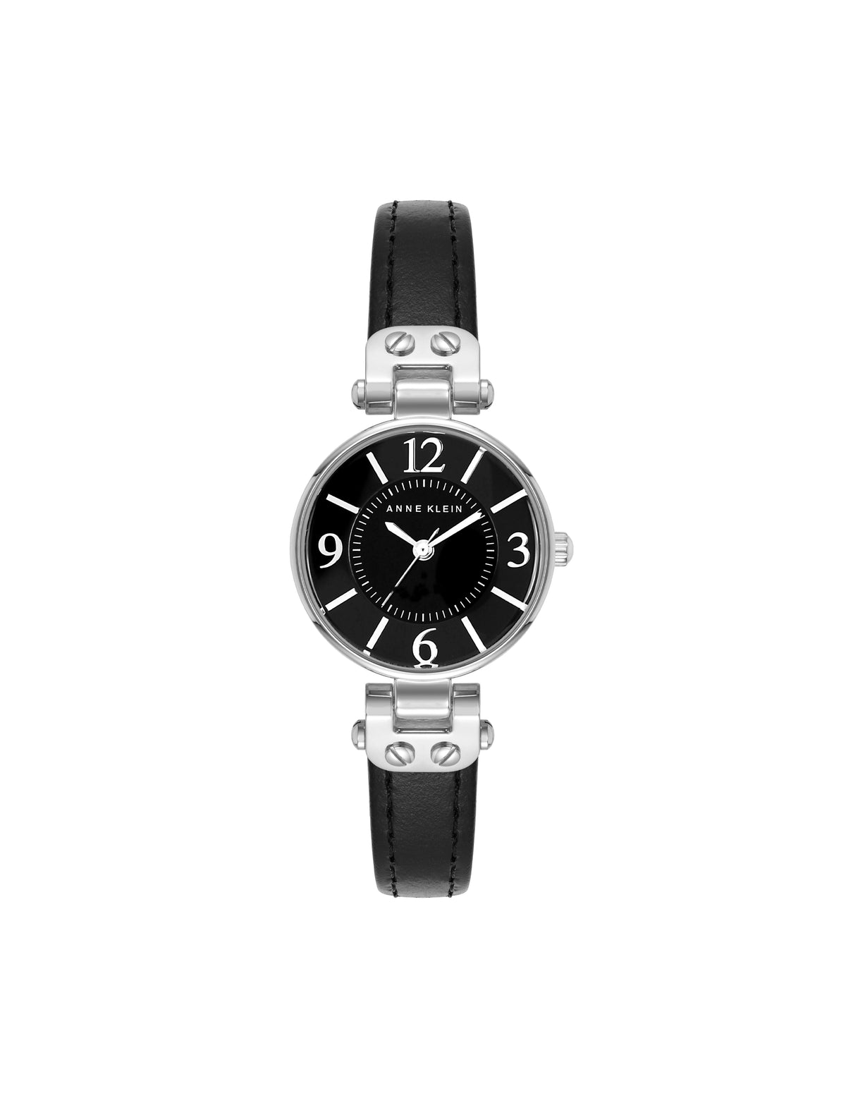 Anne Klein Black/Silver-Tone Essential Leather Strap Wristwatch