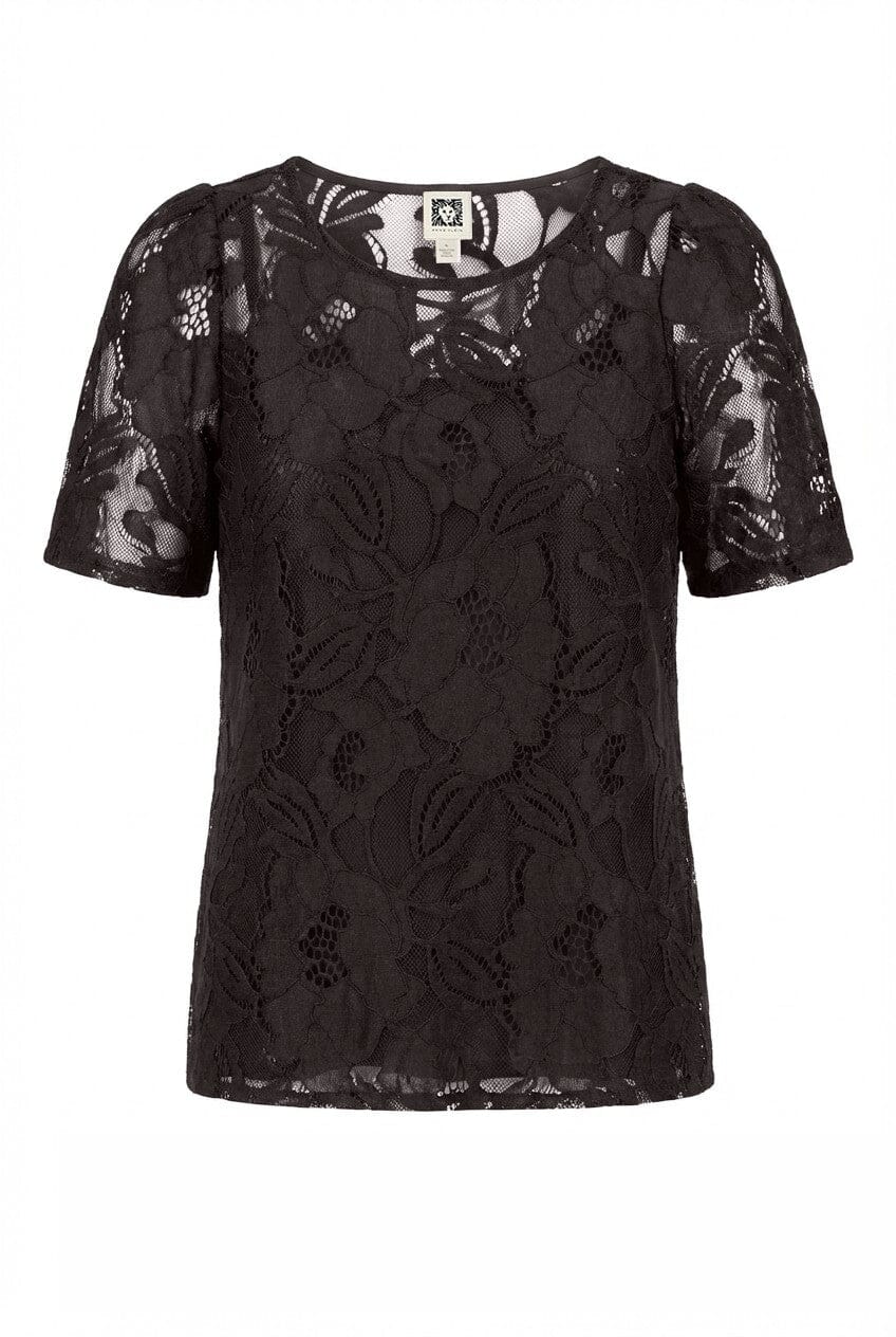 Anne Klein Anne Black Jewel Neck Short Sleeve Floral Lace Overlay Tee