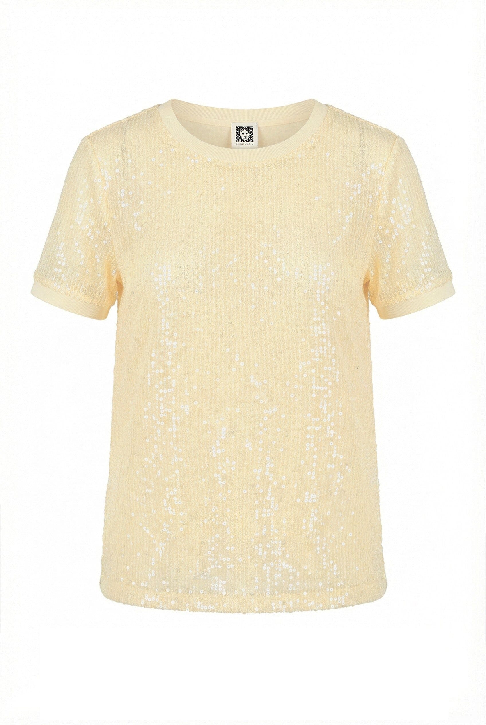 Anne Klein Whisper Yellow Sequin Short Sleeve Crew Neck Relaxed Fit Tee