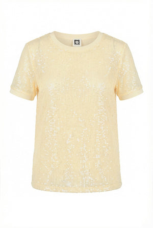 Anne Klein Whisper Yellow Sequin Short Sleeve Crew Neck Relaxed Fit Tee