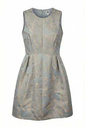 Anne Klein Soft Aloe/Gold Seamed Satin Fit And Flare Dress With Pleats