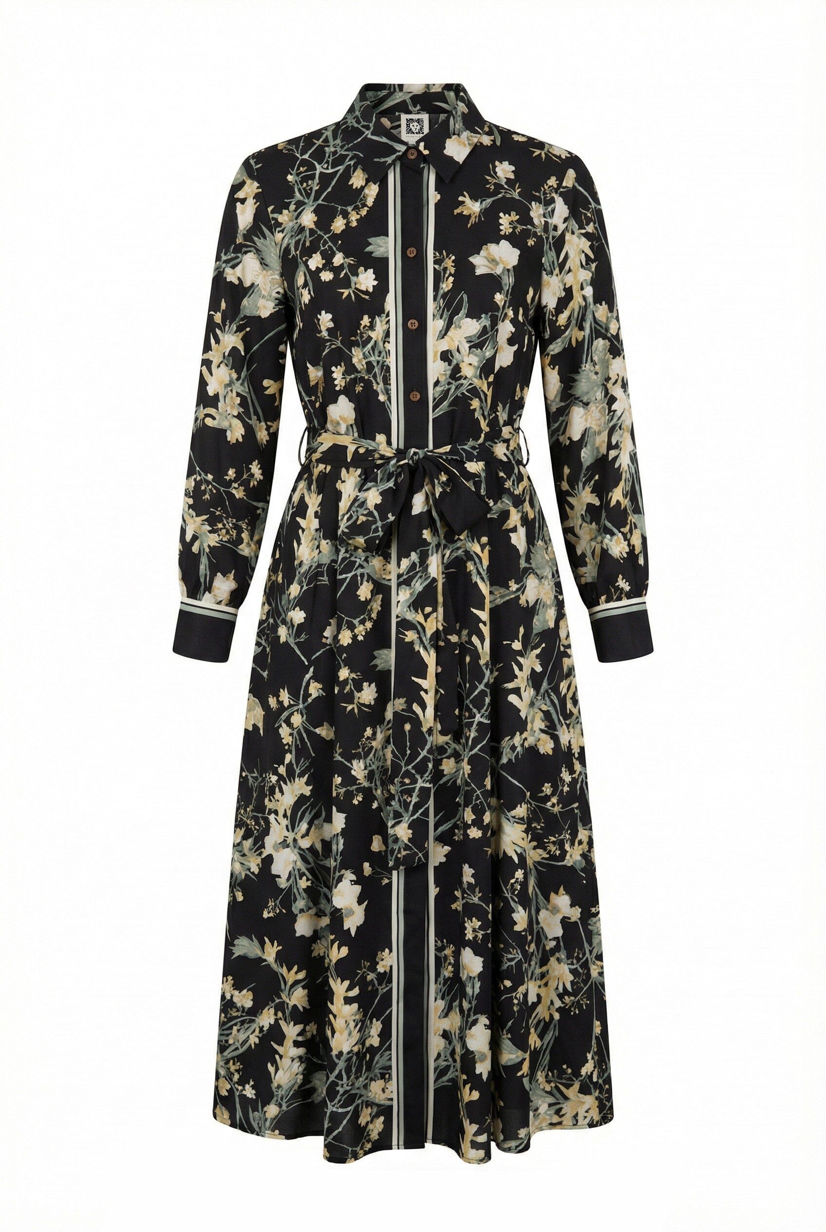 Anne Klein Anne Black Multi Button-Down Floral Cotton Midi Shirt Dress with Tie Belt