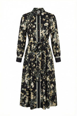 Anne Klein Anne Black Multi Button-Down Floral Cotton Midi Shirt Dress with Tie Belt