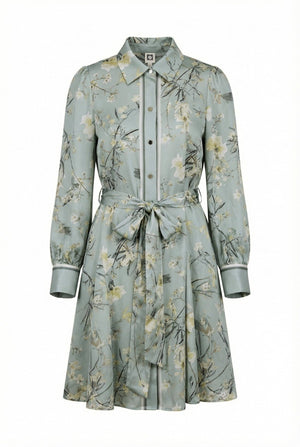 Anne Klein Soft Aloe Multi Silk Floral Long Sleeve Shirt Dress With Tie Waist