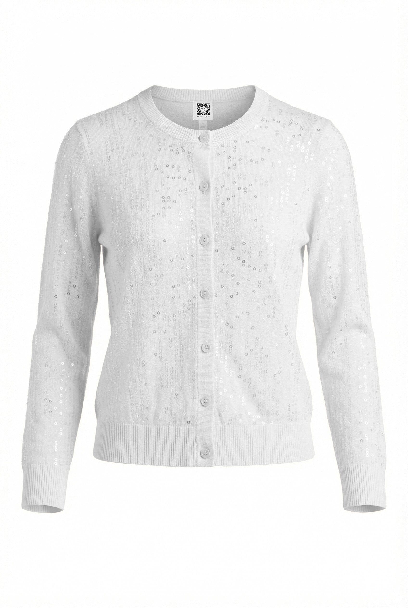Anne Klein White Dove Crew Neck Knit Cardigan with Sequins