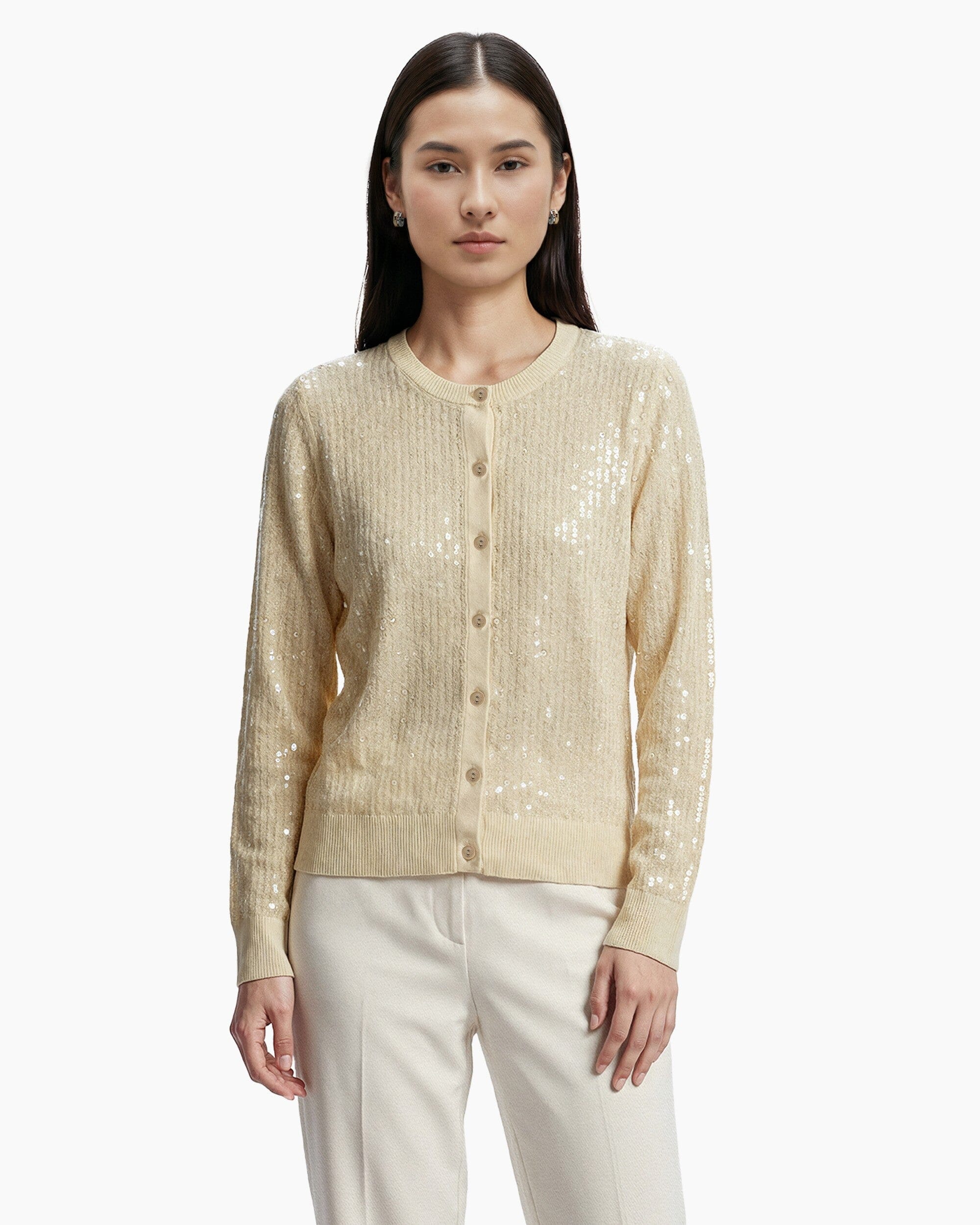 Anne Klein Whisper Yellow Crew Neck Knit Cardigan with Sequins