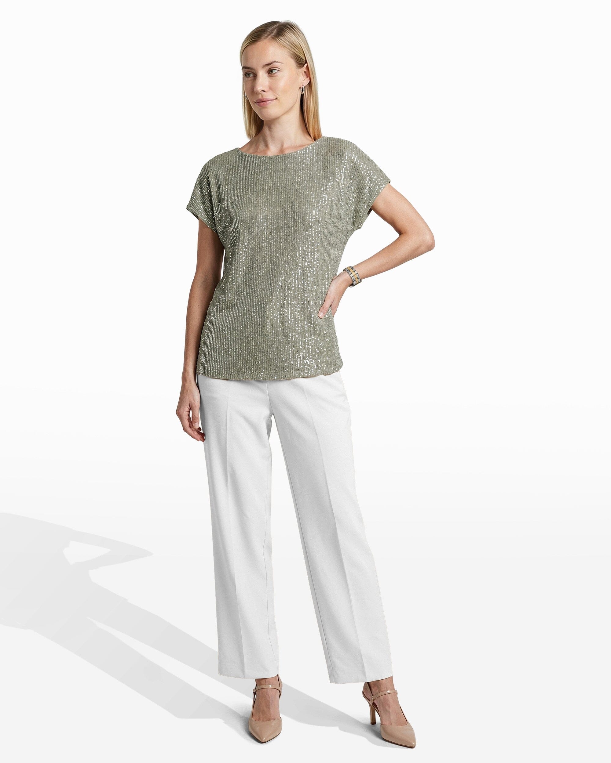 Anne Klein Sequin Bateau Neck Tee with Side Slits