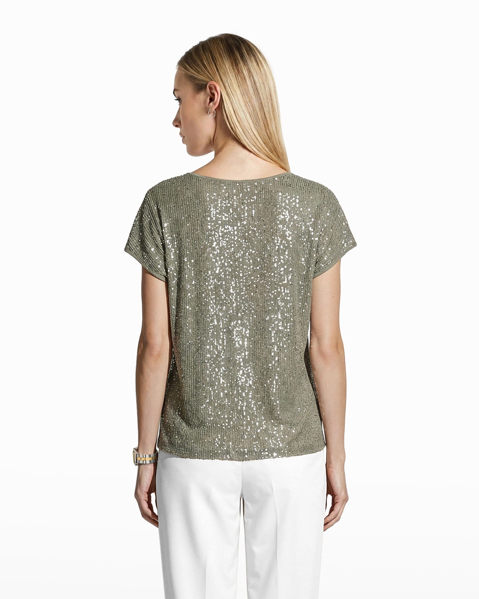 Anne Klein Sequin Bateau Neck Tee with Side Slits