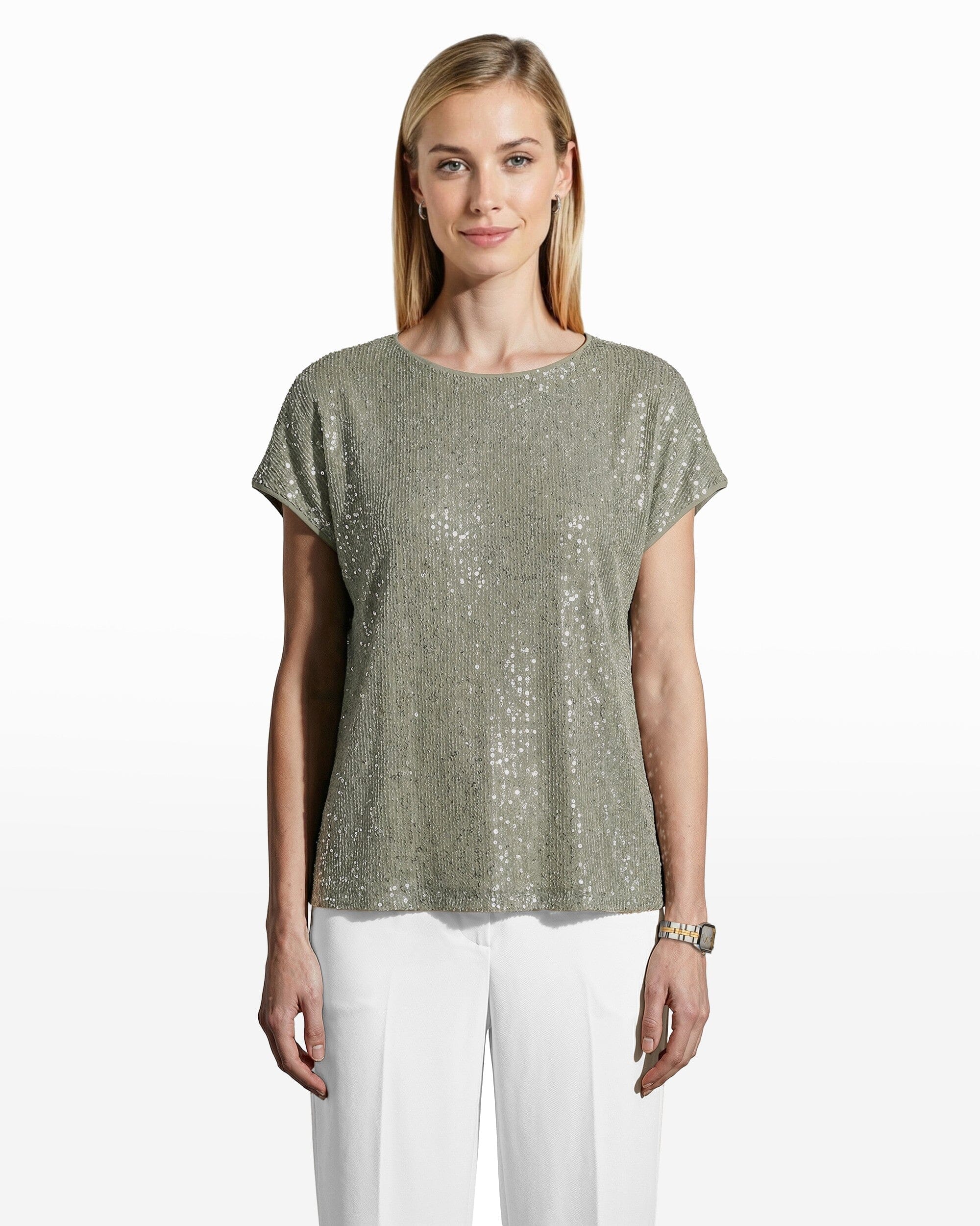 Anne Klein Soft Aloe Sequin Bateau Neck Tee with Side Slits