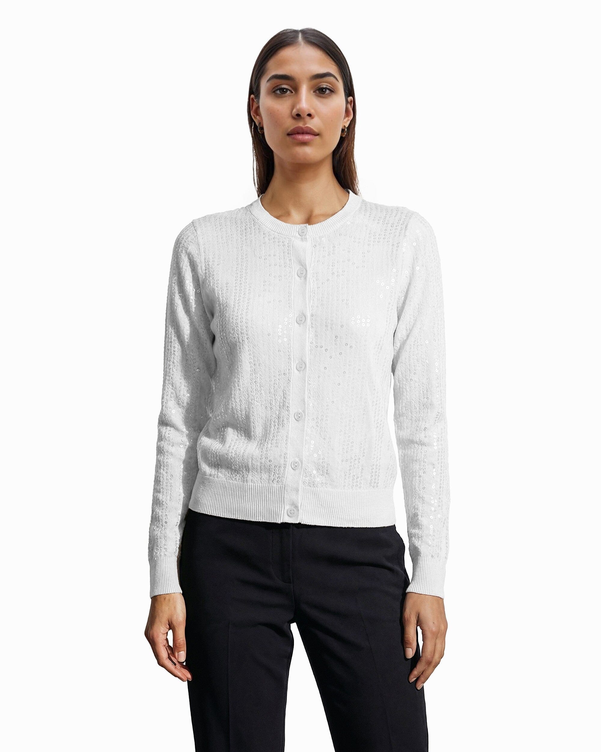 Anne Klein Crew Neck Knit Cardigan with Sequins