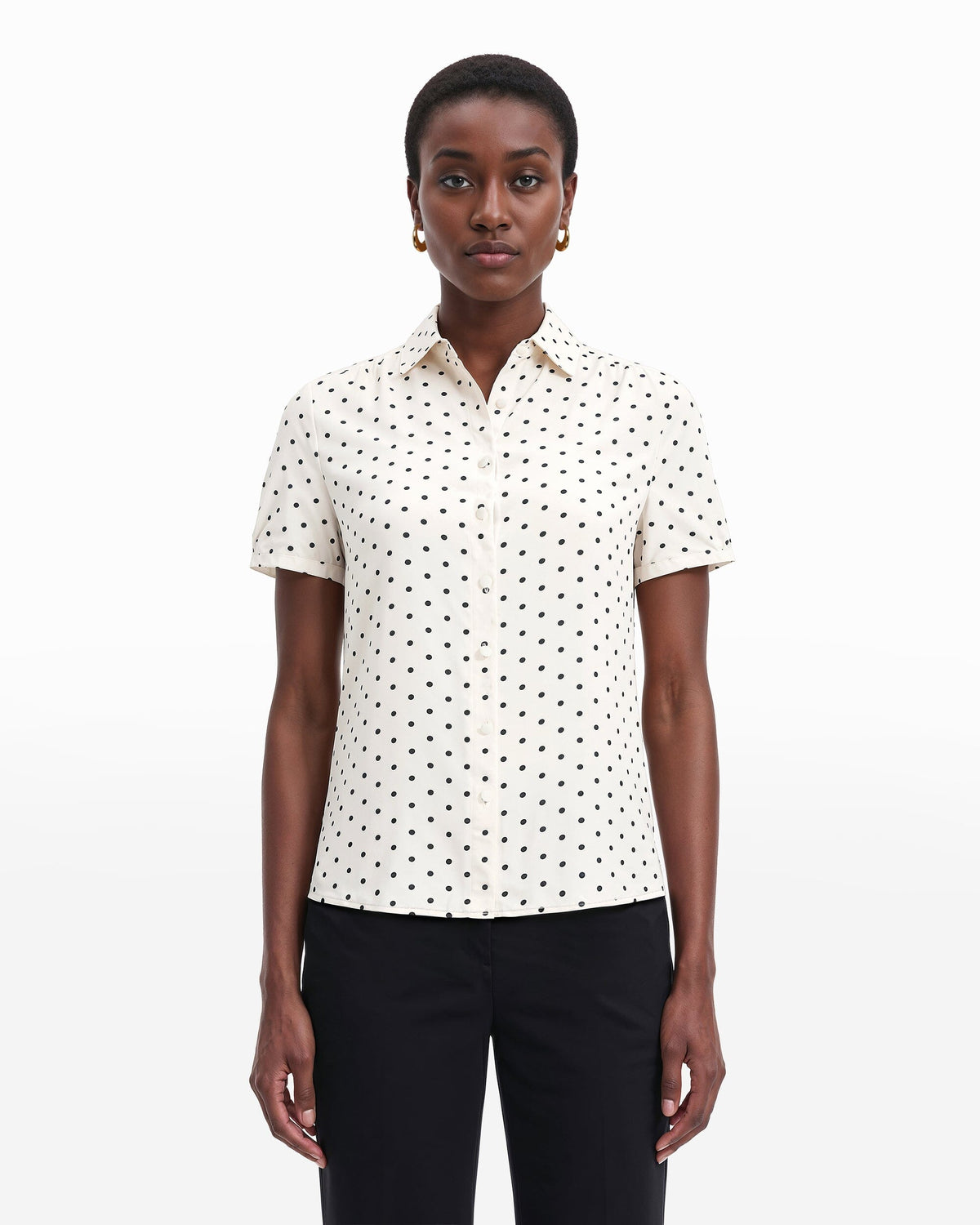 Anne Klein Anne White/Anne Black Button Down Blouse With Cap Sleeve