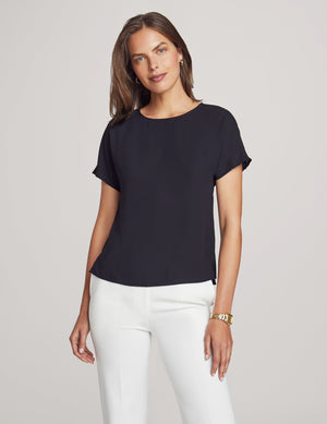 Anne Klein Anne Black Bateau Neck Short Sleeve Blouse- Sale