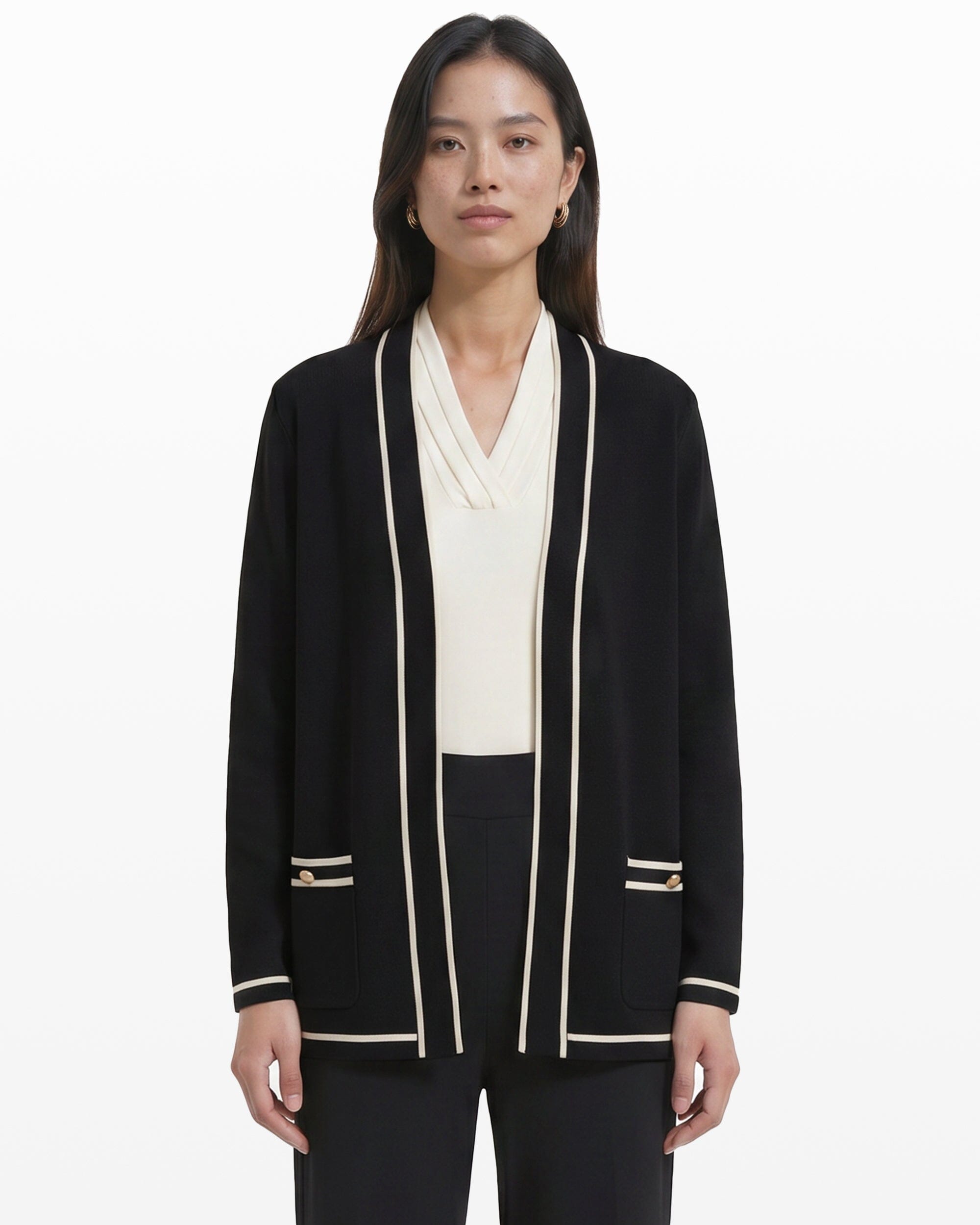 Open-Front Cardigan with Contrast Tipping | Anne Klein Open-Front Cardigan with Contrast Tipping | Anne Klein