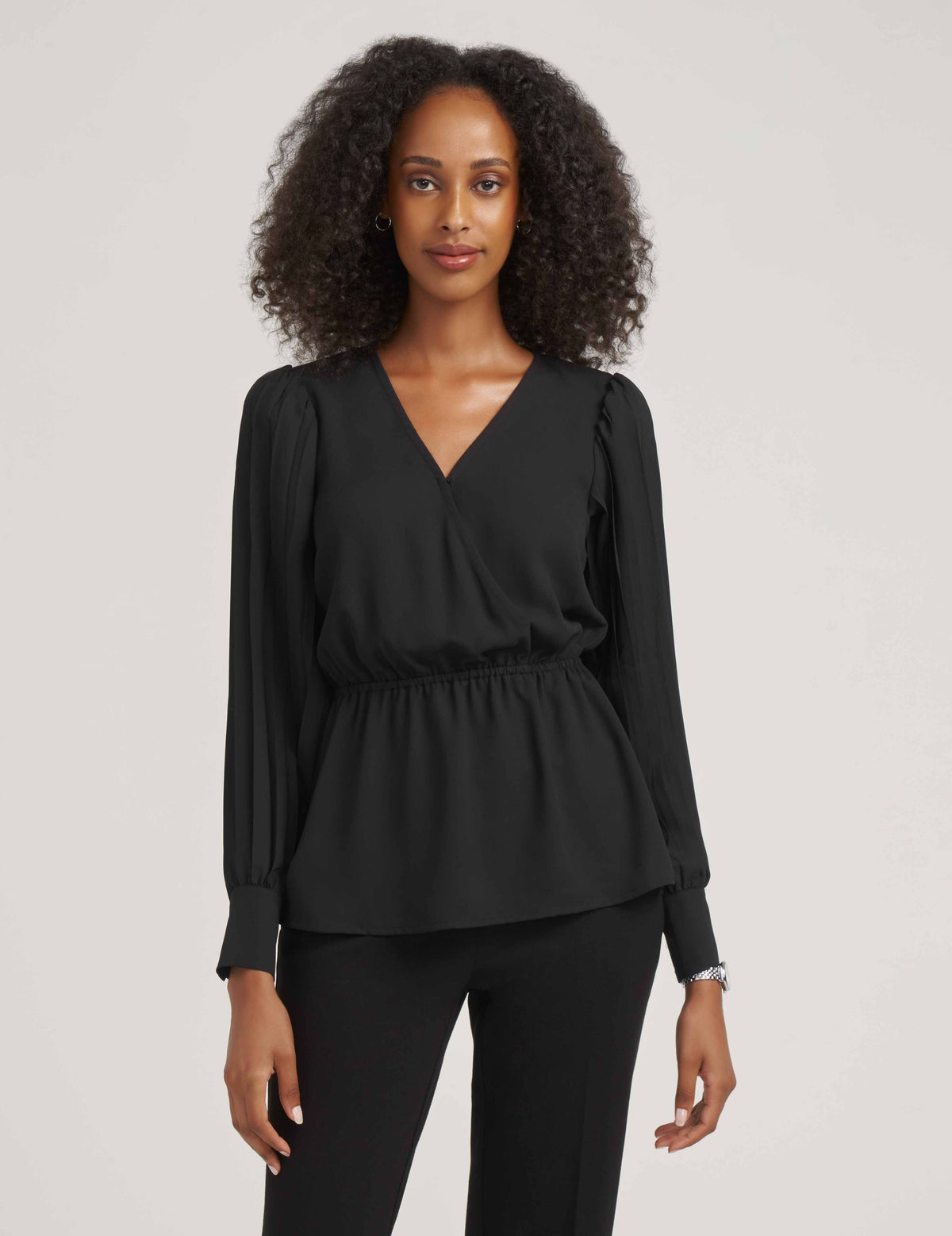 Anne Klein  Pleated Sleeve V-Neck Blouse- Clearance