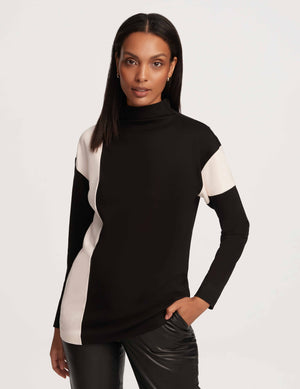 Anne Klein Anne Black/ Anne White Colorblock Mock Neck Serenity Knit- Sale