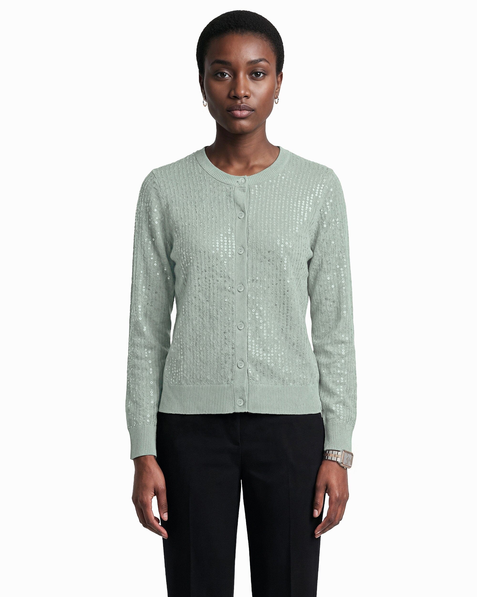 Crew Neck Knit Cardigan with Sequins Clothing Kasper