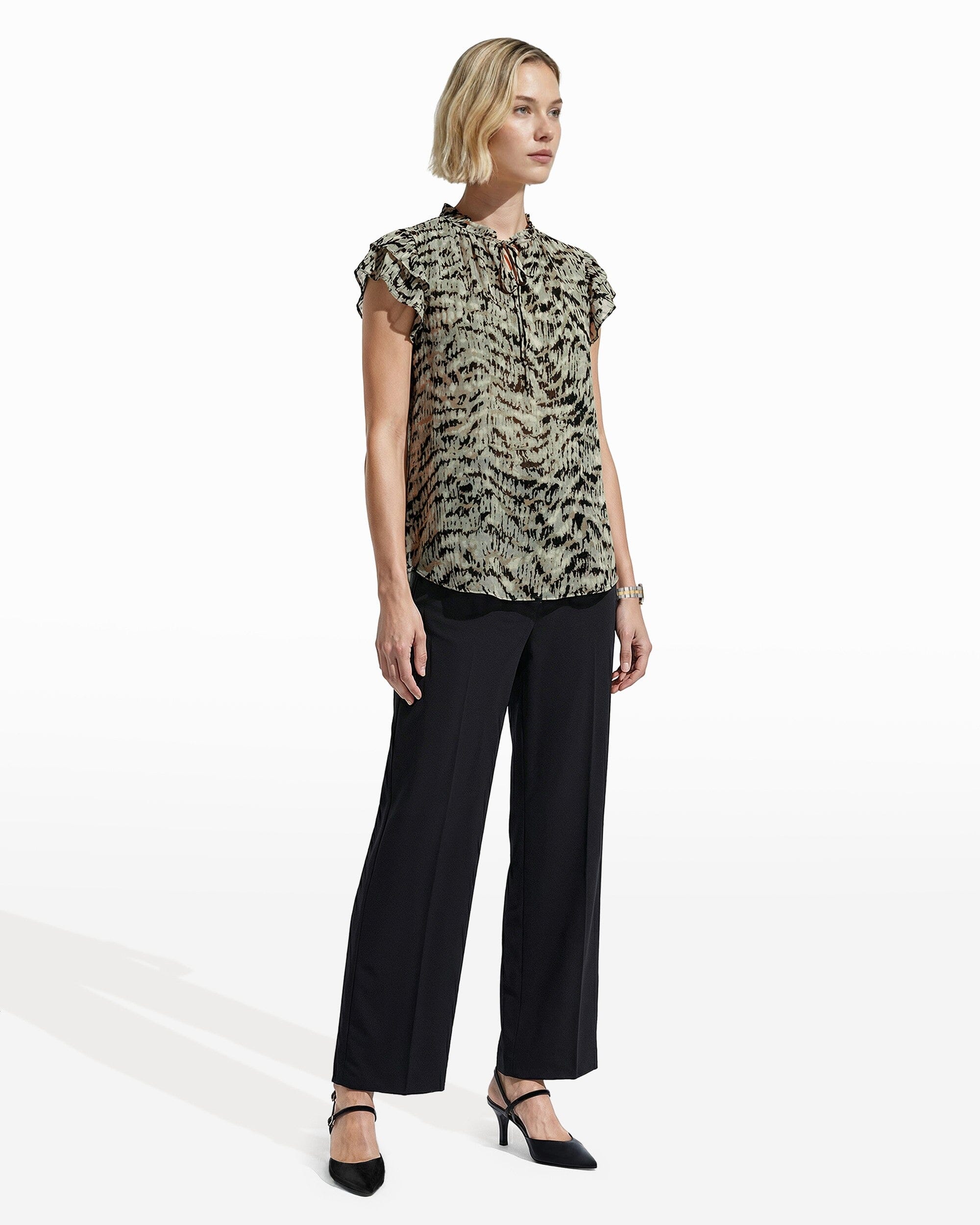 Anne Klein Ruffle Sleeve Tie Blouse with Abstract Pattern