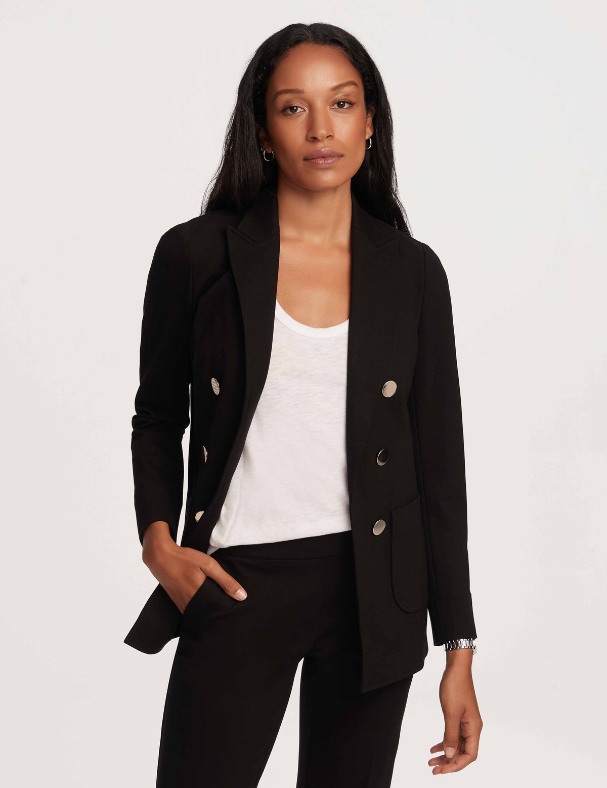 Anne Klein Anne Black Petite Faux Double Breasted Peak Lapel Jacket