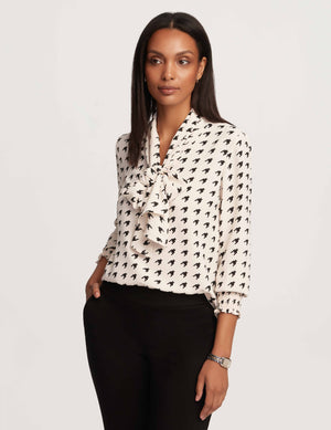 Anne Klein Anne White/Anne Black Printed Smocked Cuff Bow Blouse- Sale