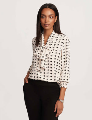 Anne Klein  Printed Smocked Cuff Bow Blouse- Clearance
