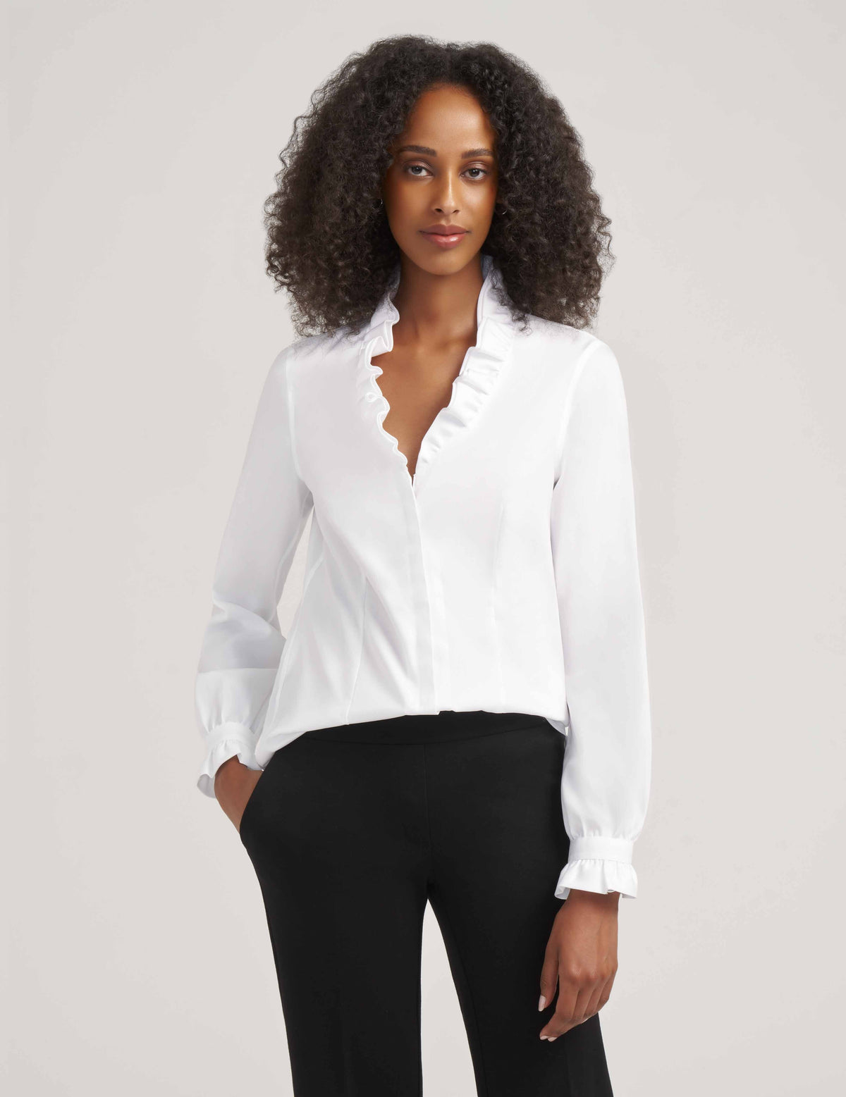 Anne Klein Bright White Ruffle Button Up Shirt Blouse- Clearance