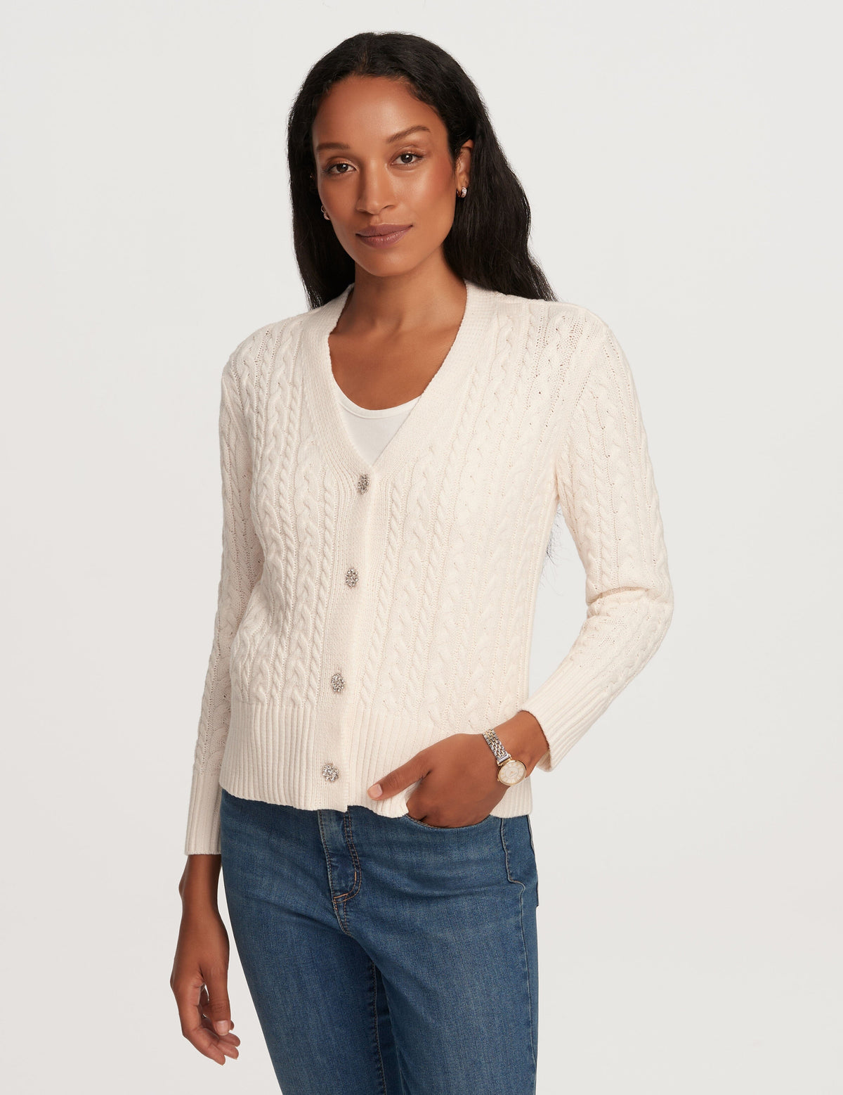 Anne Klein  Cable Cardigan With Jewel Buttons- Clearance