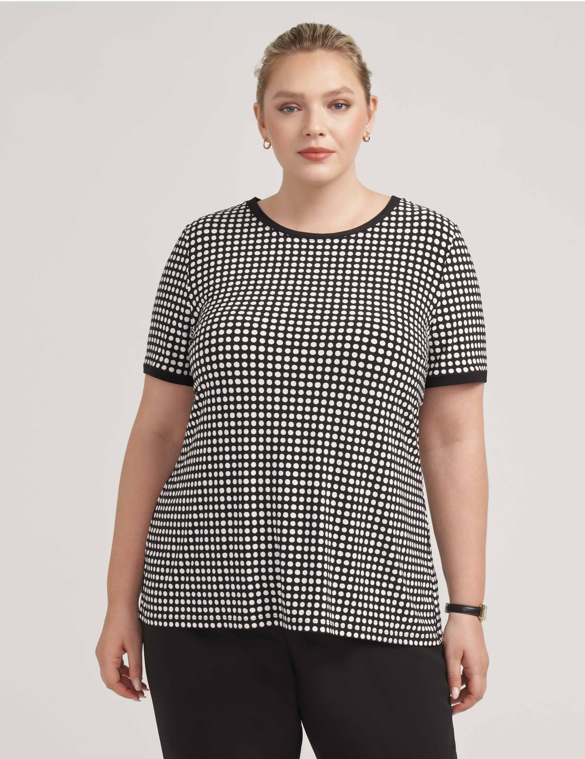 Anne Klein Anne Black/ White Plus Size Pearly Dot Print Ity Button Back Top- Clearance