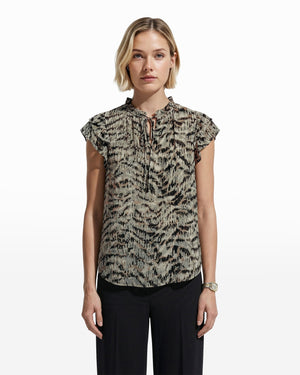 Anne Klein Soft Aloe Multi Ruffle Sleeve Tie Blouse with Abstract Pattern