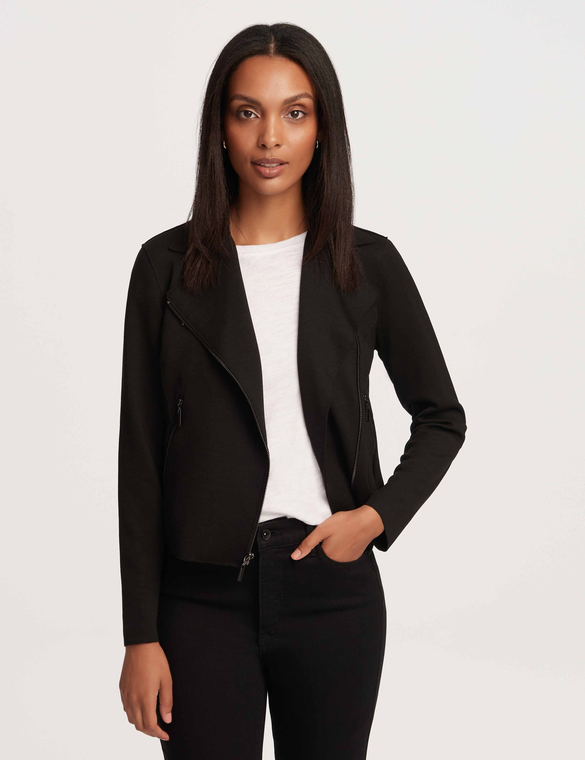 Anne Klein Anne Black Petite Moto Jacket With Patch Pockets- Clearance