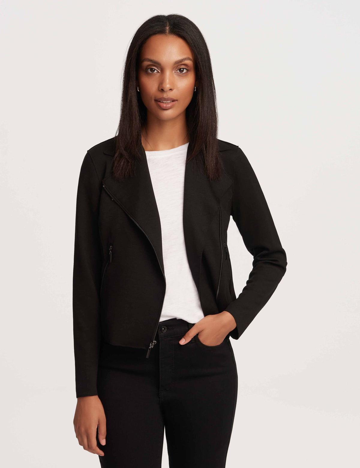 Anne Klein Anne Black Moto Jacket With Patch Pockets- Sale