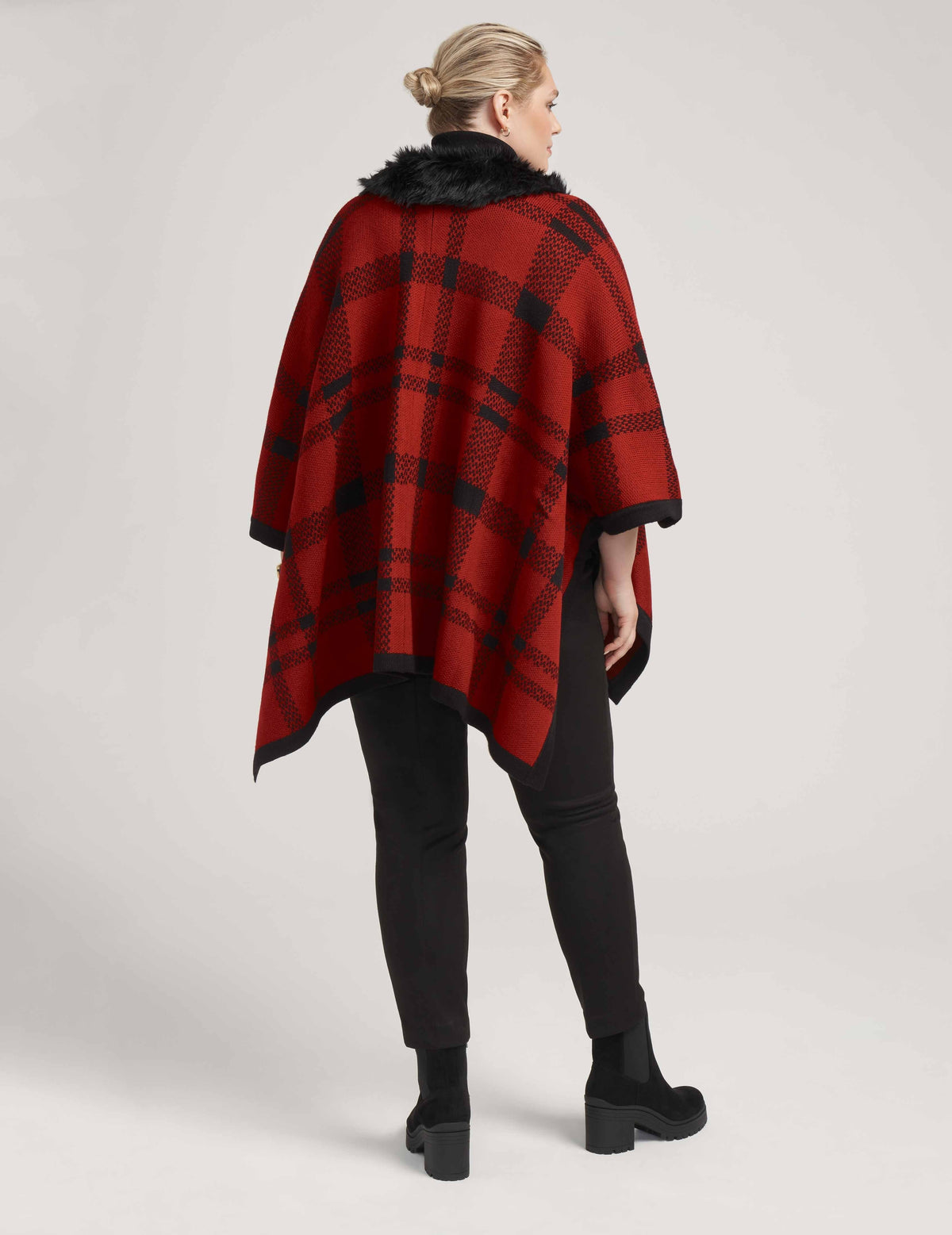 Anne Klein  Plus Size Plaid Front Zip Front Poncho With Fur- Clearance