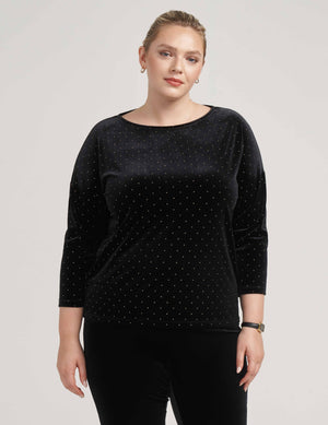 Anne Klein Anne Black/ Gold Plus Size Classic Dewdrop Dot Velour Top- Sale