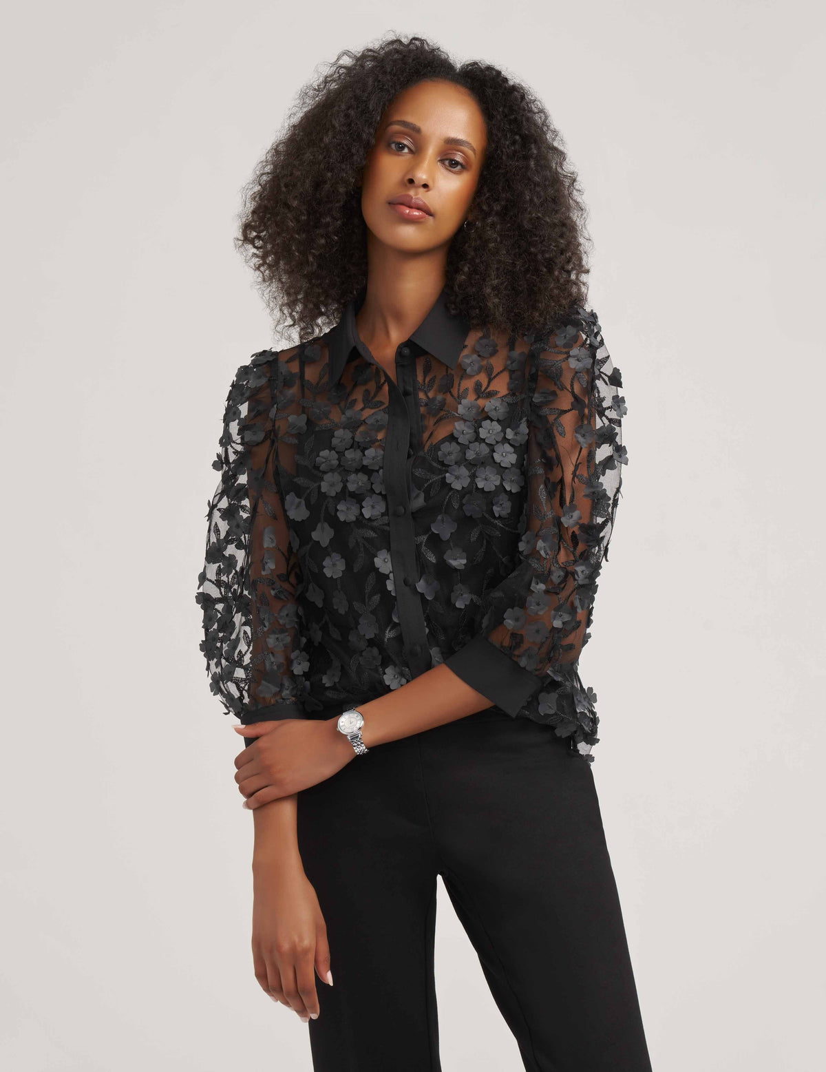 Anne Klein Anne Black Floral Applique Blouse -Sale