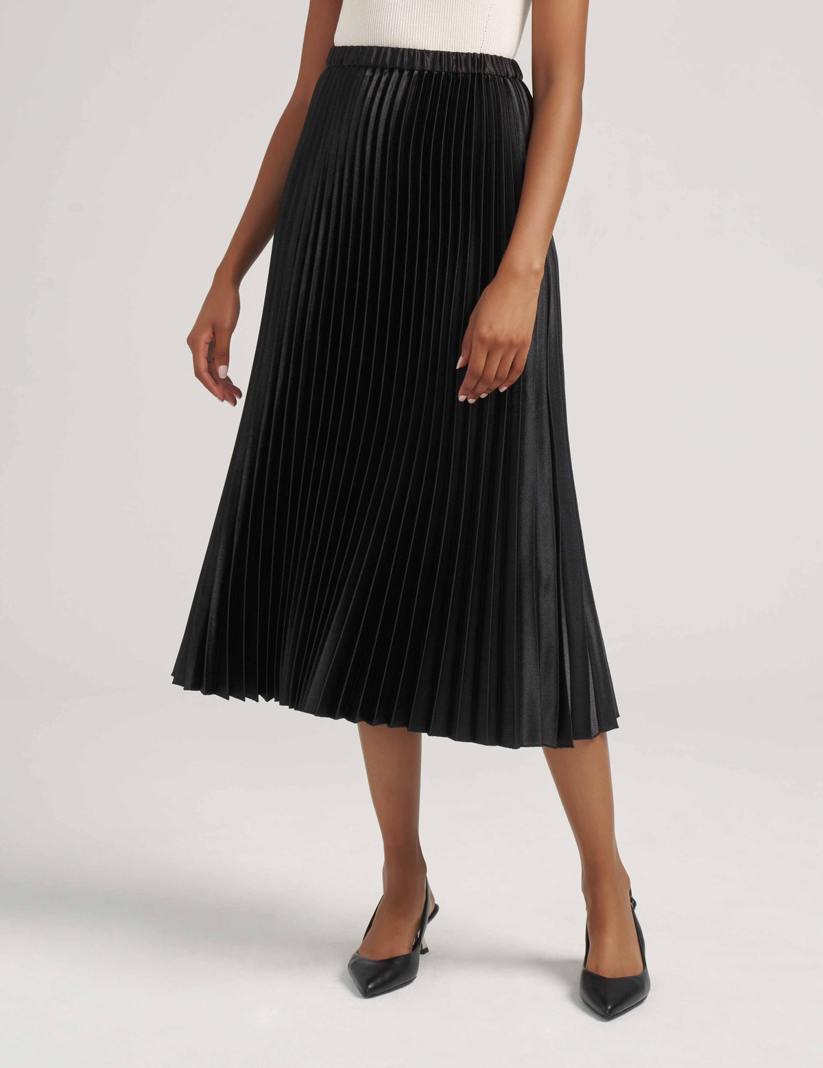 Anne Klein Anne Black Petite Pull On Pleated Skirt Satin Crepe- Sale