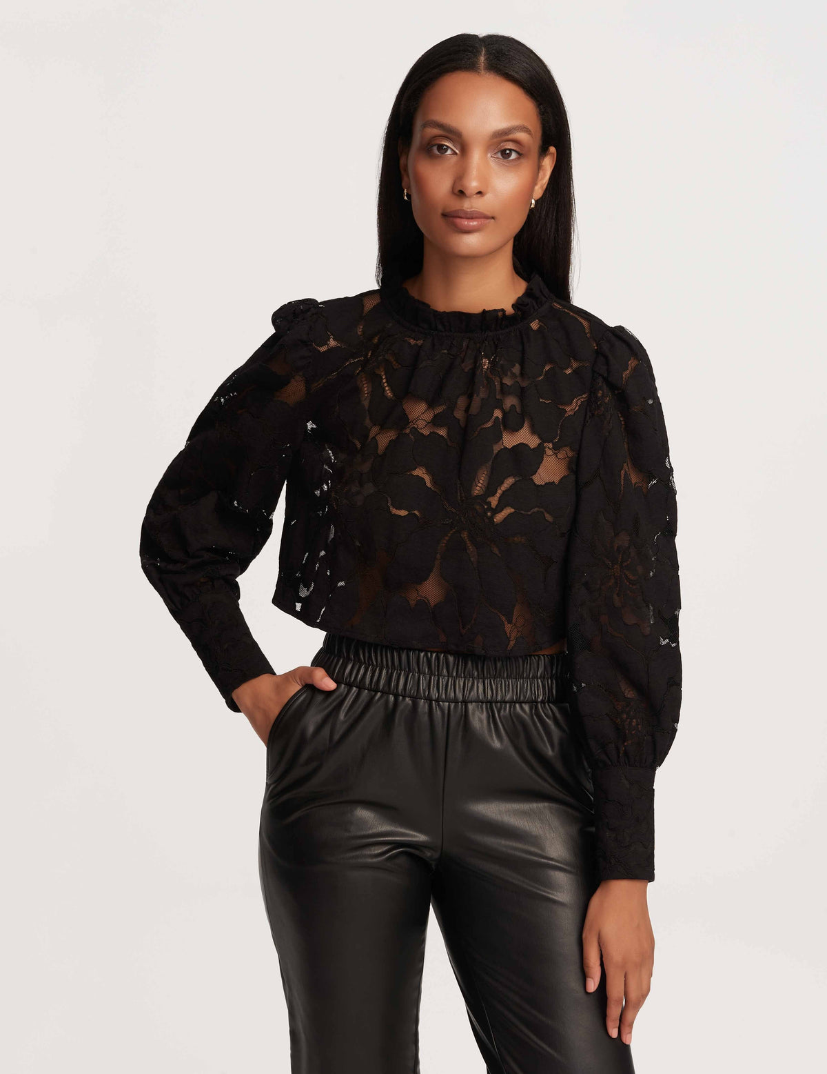 Anne Klein  Cropped Ruffle Neck Blouse With Floral Lace- Sale