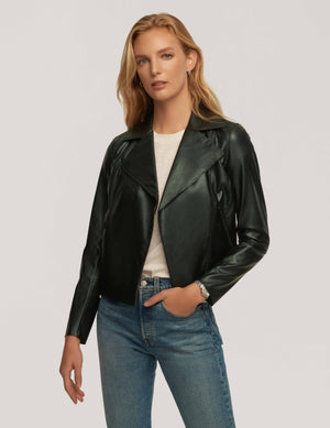 Anne Klein Deep Emerald Vegan Leather Zip Front Moto Jacket- Clearance