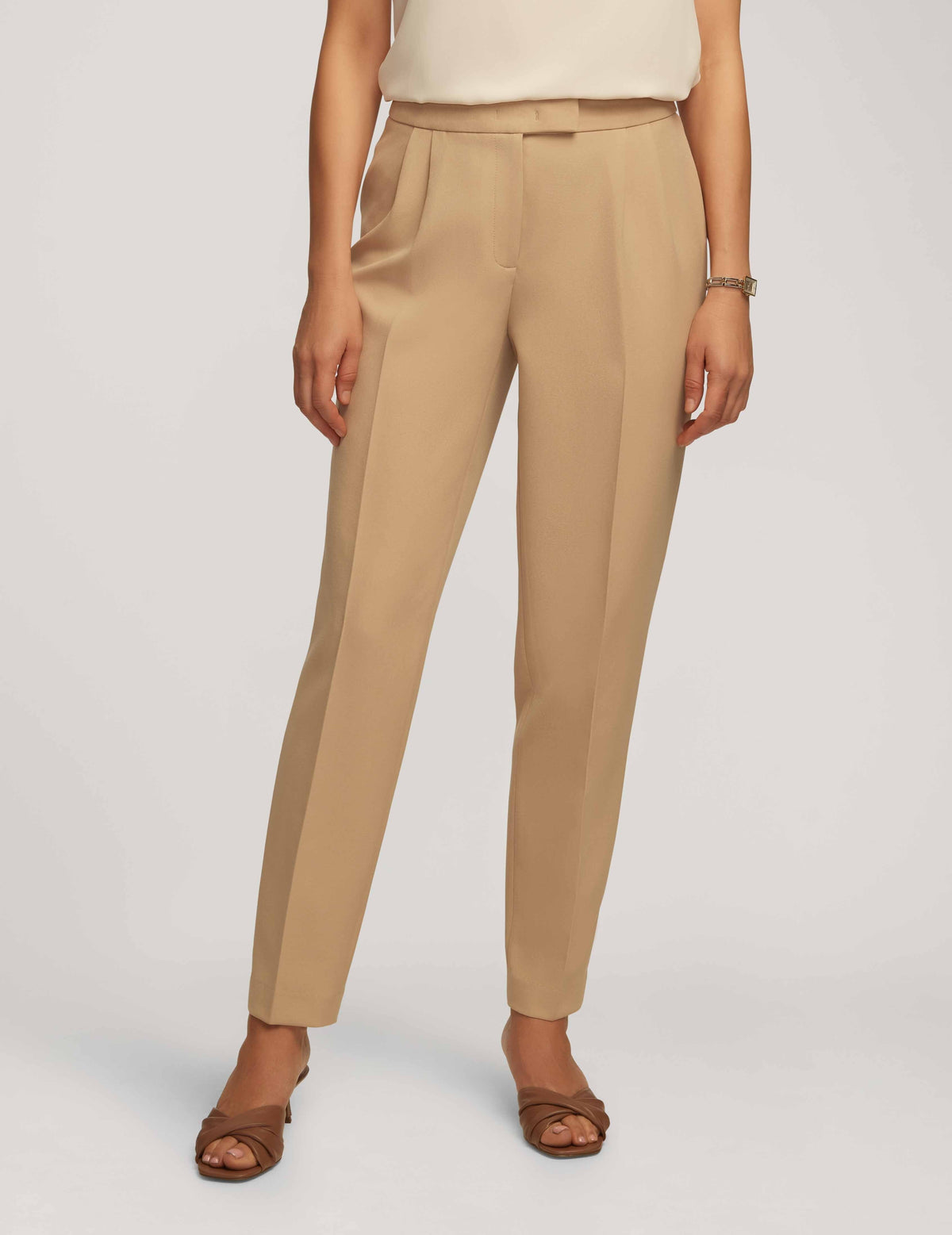 Anne Klein Latte Urban Stretch Fly Front High Rise Pleated Pant- Clearance
