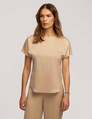 Anne Klein Latte Montreal Satin Short Sleeve Blouse With Bateau Neck- Sale