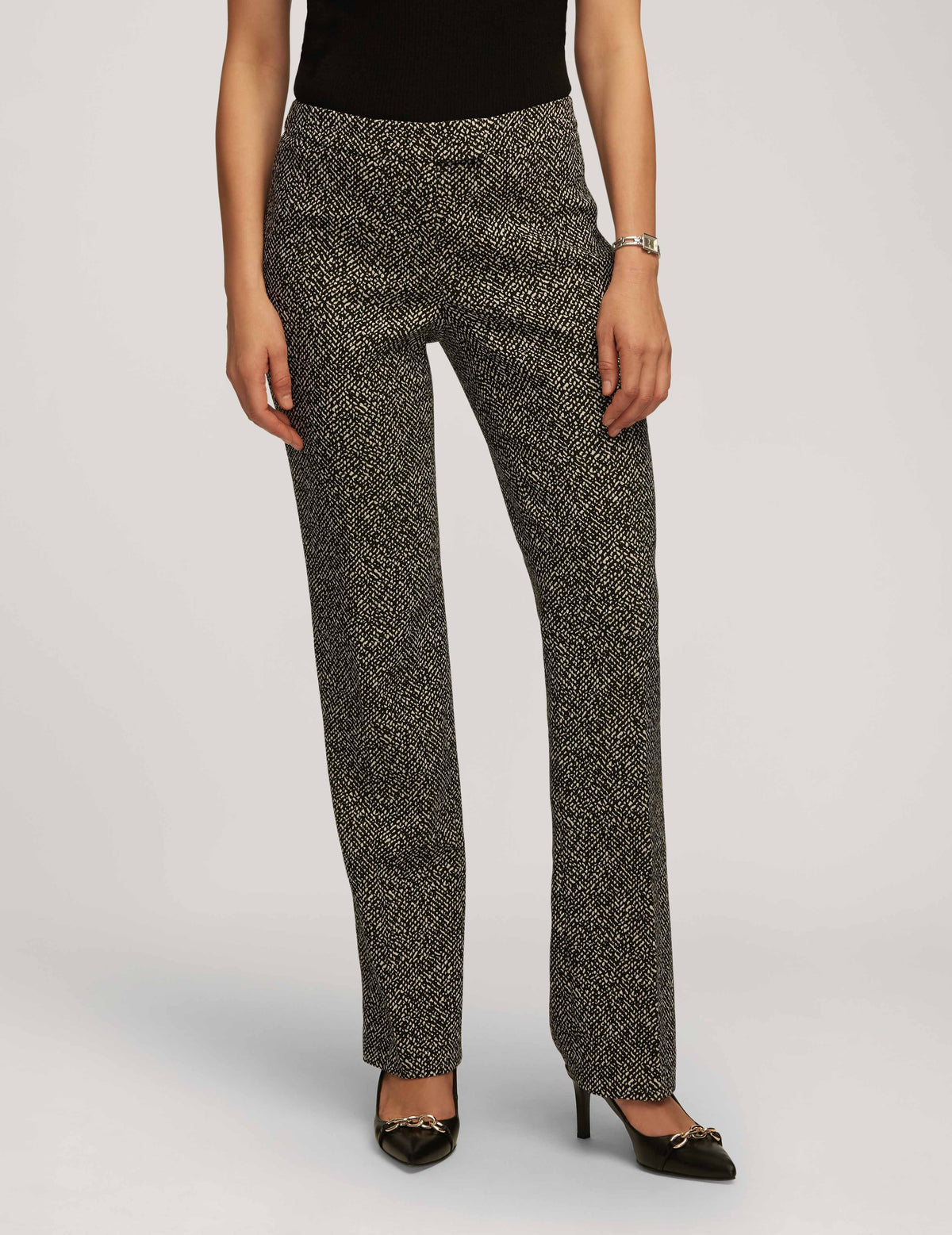 Anne Klein Anne Black/ Anne White Knit Jacquard Fly Front Flare Leg Pant- Sale