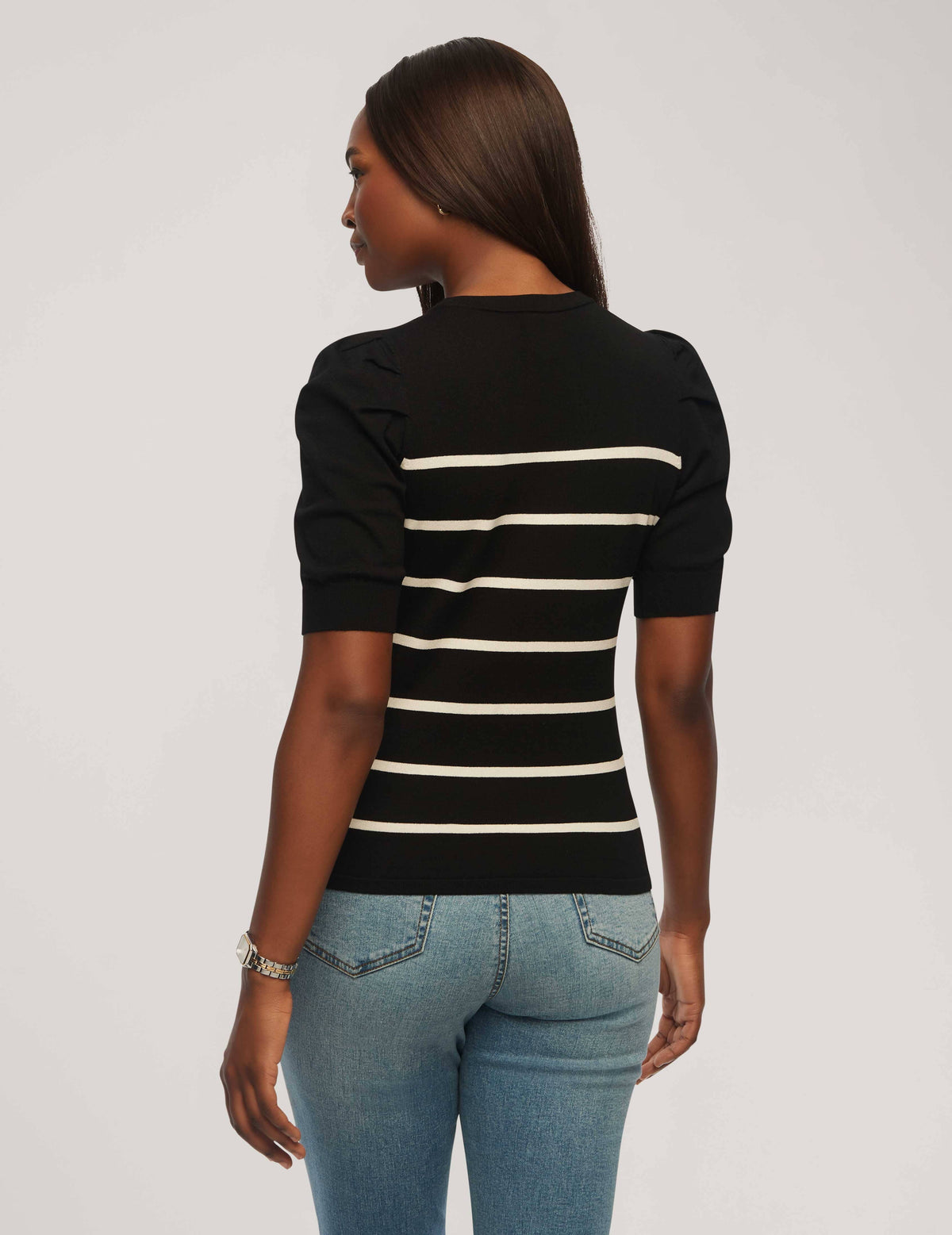 Anne Klein  Short Puff Sleeve Crew Neck With Stripes- Sale