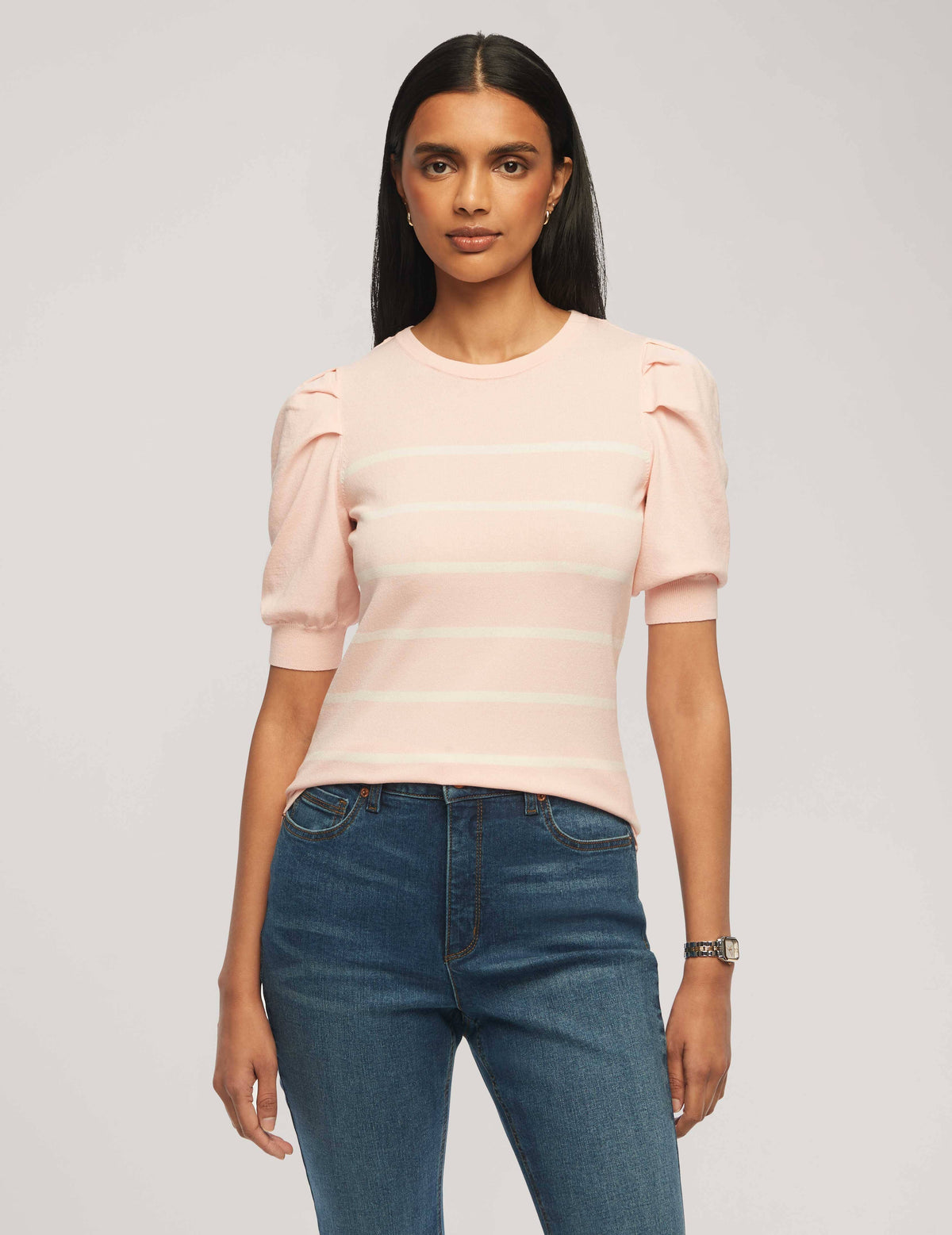 Anne Klein Cherry Blossom/Anne White Short Puff Sleeve Crew Neck With Stripes - Clearance