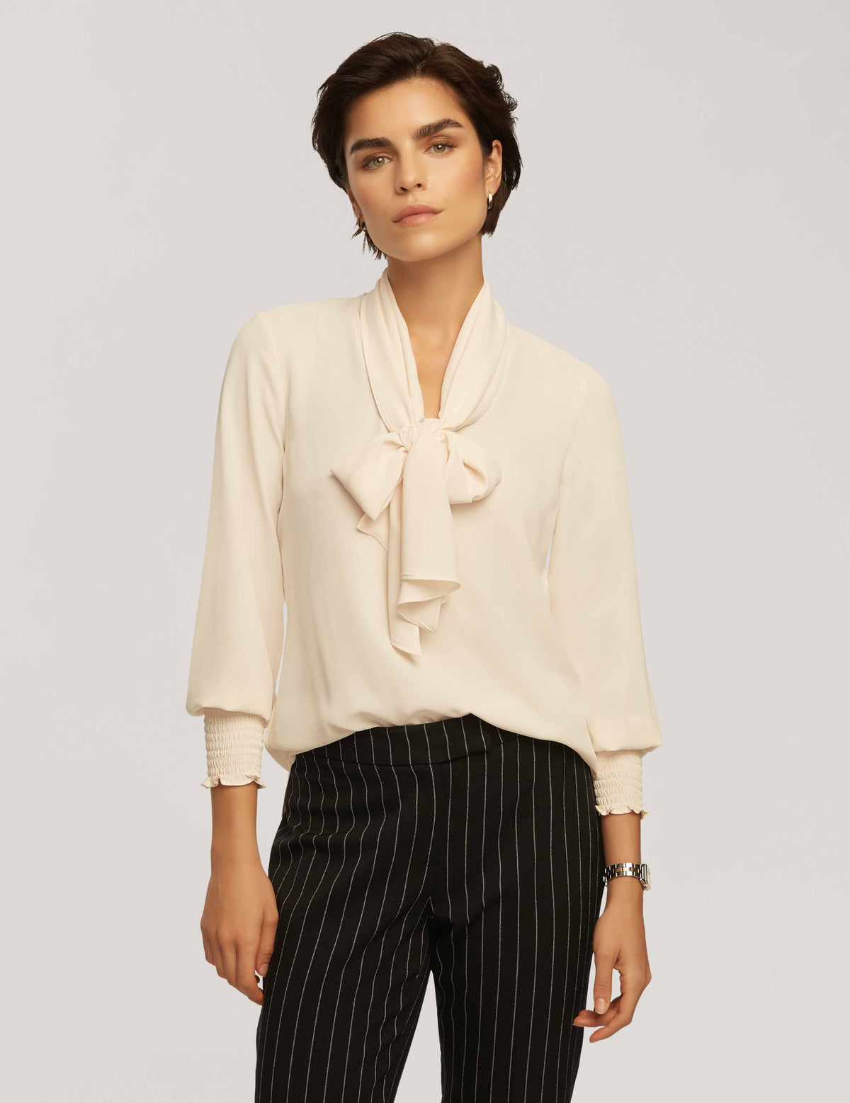 Anne Klein Anne White Smocked Cuff Bow Blouse- Clearance